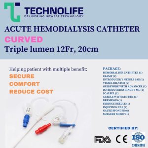 Hemodialysis Catheter Short Term Curved Triple Lumen 12Fr 20cm