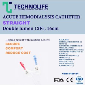Hemodialysis Catheter Short Term Straight Double Lumen 12Fr 16cm